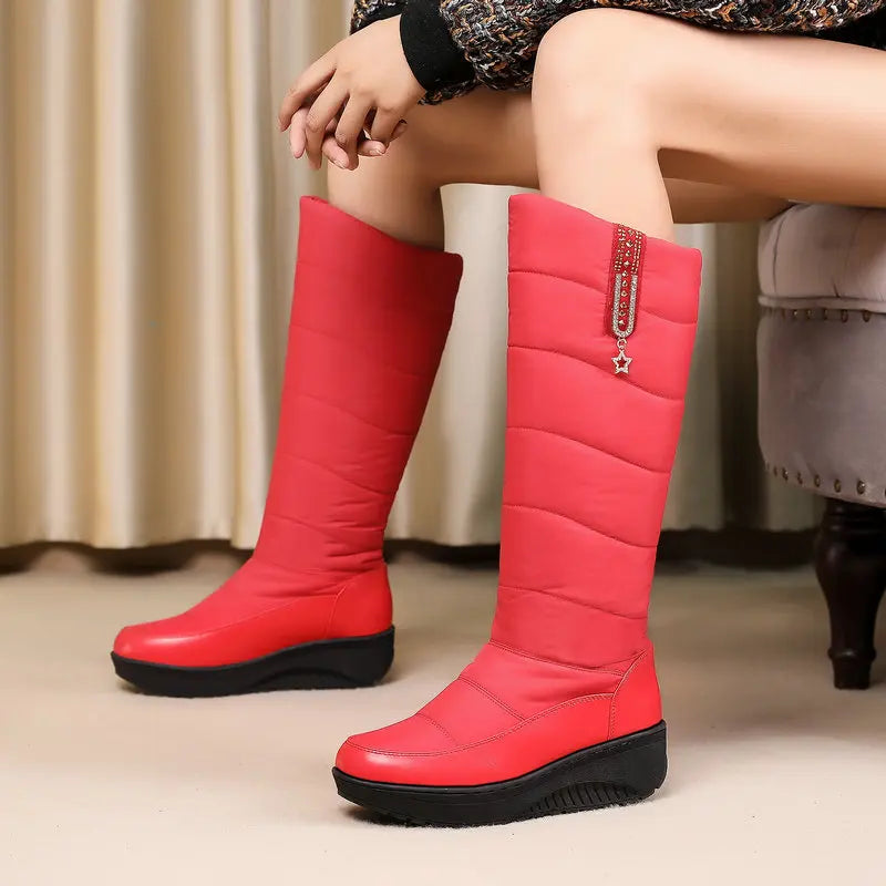 Winter Women Snow Boots Knee High Boots Warm Plush Star Crystal Waterproof Platform Shoes PU Patchwork Down Cloth Footwear