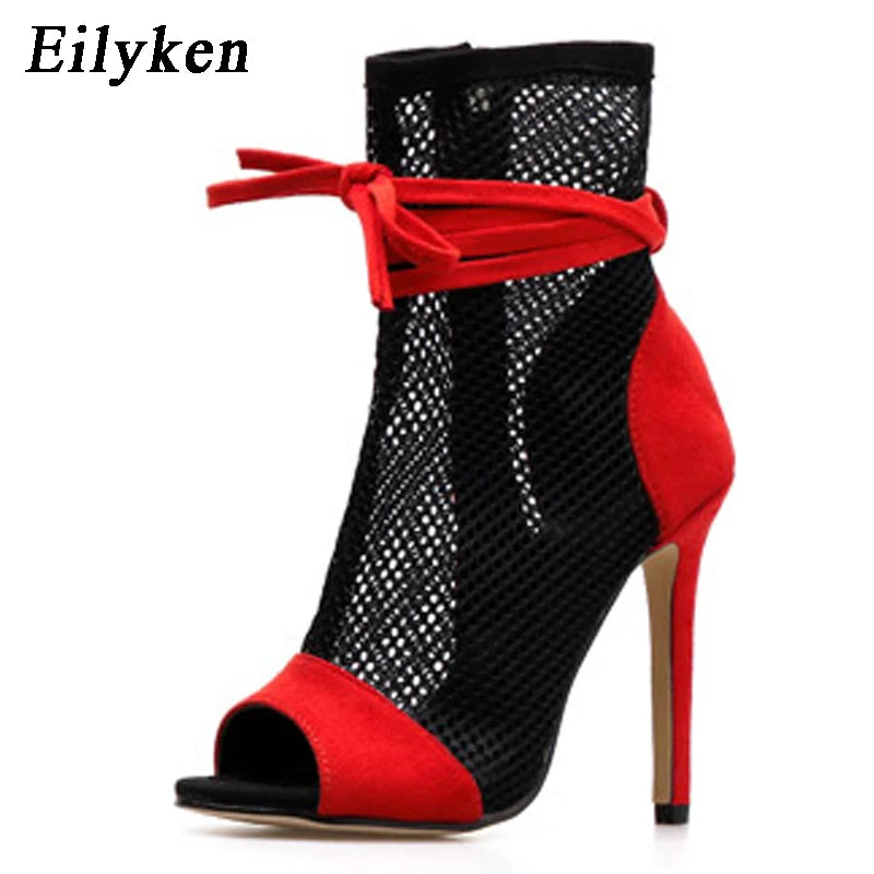 Eilyken Summer Zipper Boots Sandals Black Mesh Sexy Peep Toe Lace Up Women Shoes Stiletto High Heel 11.5CM Pole Dance Booties