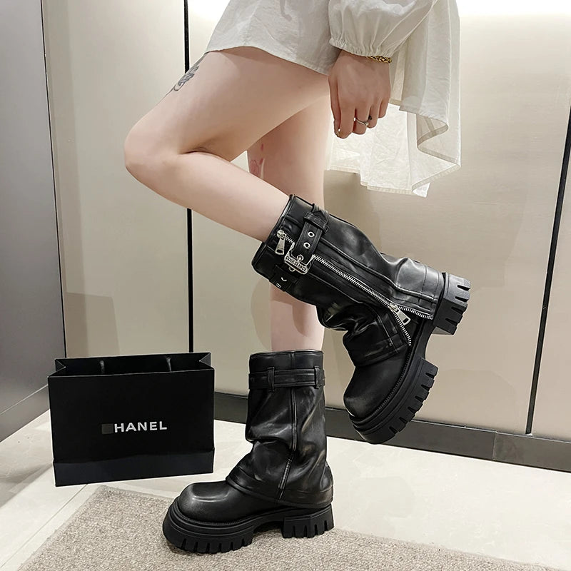 Shoes for Women 2024 Mid-Calf Women's Boots Platform Modern Boots Women Belt Buckle Square Toe Side Zip Square Heel Shoes Female