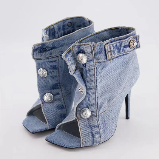 2023 Women's Summer European and American Vintage Denim Slim High Heel Button Sandals Fashion New Open Teeth Large Size Sandals