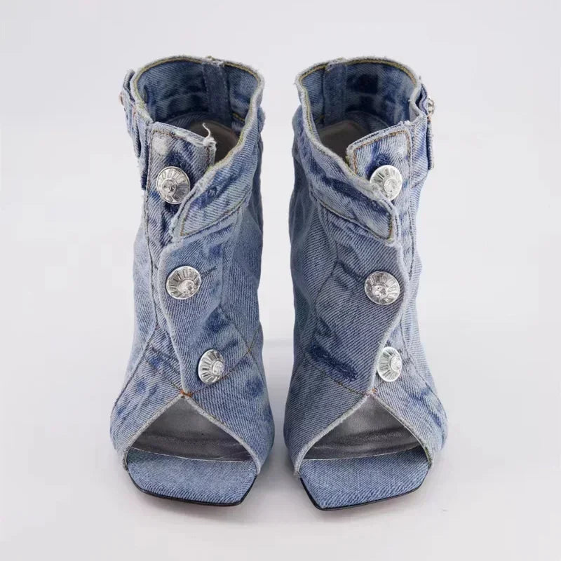 2023 Women's Summer European and American Vintage Denim Slim High Heel Button Sandals Fashion New Open Teeth Large Size Sandals