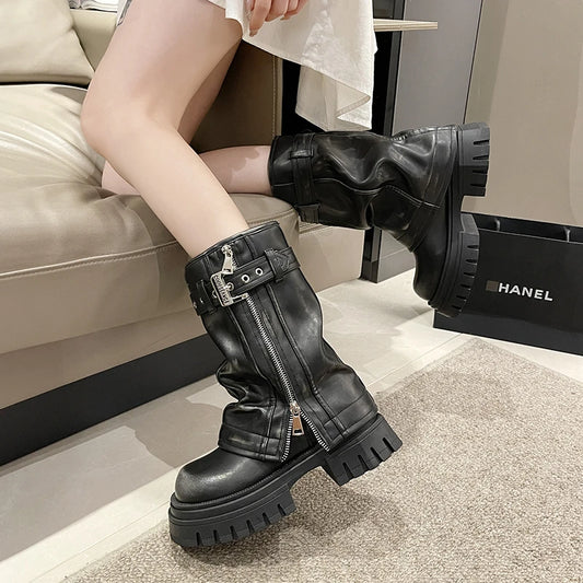 Shoes for Women 2024 Mid-Calf Women's Boots Platform Modern Boots Women Belt Buckle Square Toe Side Zip Square Heel Shoes Female