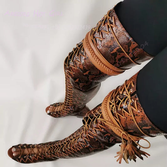 Brown Snake Print Thigh Boots Women Flats Autumn Black Leather Round Toe Pants Tie Tassel-Tie Zipper Booties Cool Fashion Shoes