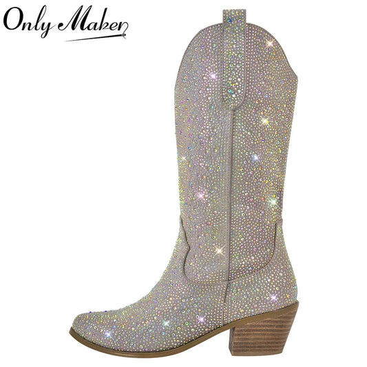 Onlymaker Women Side Zipper Boots Rhinestone Booties Glitter Bling Shiny Western Pointed Toe Block Heel  Cowgirl Boot