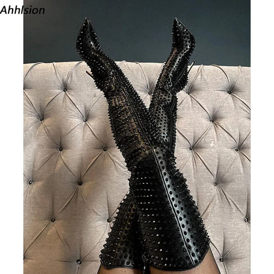 Ahhlsion Handmade Women Winter Thigh Boots Sexy Rivets Stiletto Heels Pointed Toe Fabulous Black Bad Girl Shoes US Size 5-15