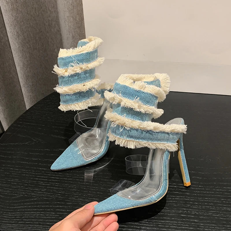 Liyke 2024 New Design Denim Ankle Snake Surround Strap Sandal Women Transparent PVC Summer High Heels Party Stripper Shoes Pumps