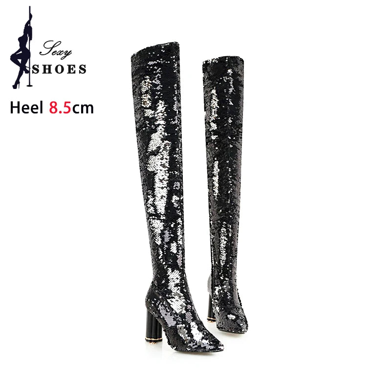 Pointed Toe Over the knee Boots Women Crystal High Heels Winter Long Tube Booties Nightclub Female Shoes Bling Thigh High Boots