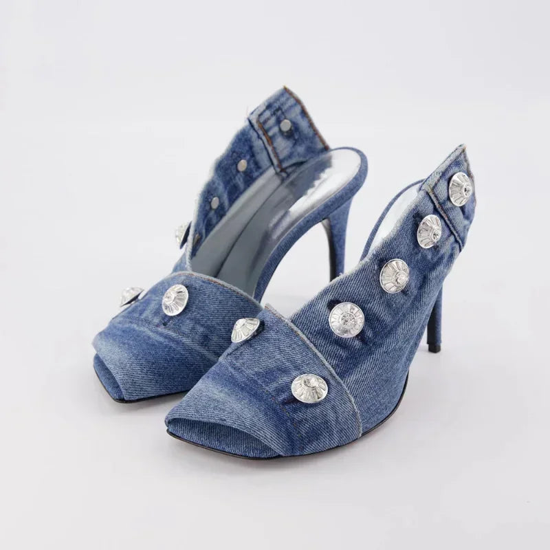 2023 Women's Summer European and American Vintage Denim Slim High Heel Button Sandals Fashion New Open Teeth Large Size Sandals