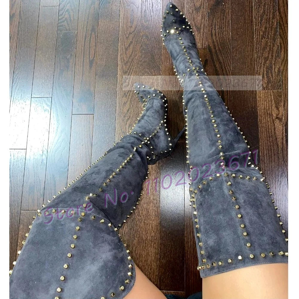 Sparkling Studded Thigh High Boots Women Sexy Metal Rivets Pointy High Heels Suede Leather Shoes Ladies Winter Fashion Boots